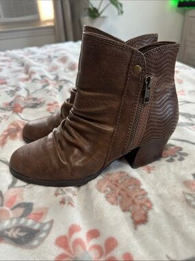 BareTraps Brown Ruched Ankle Booties with Side Zip